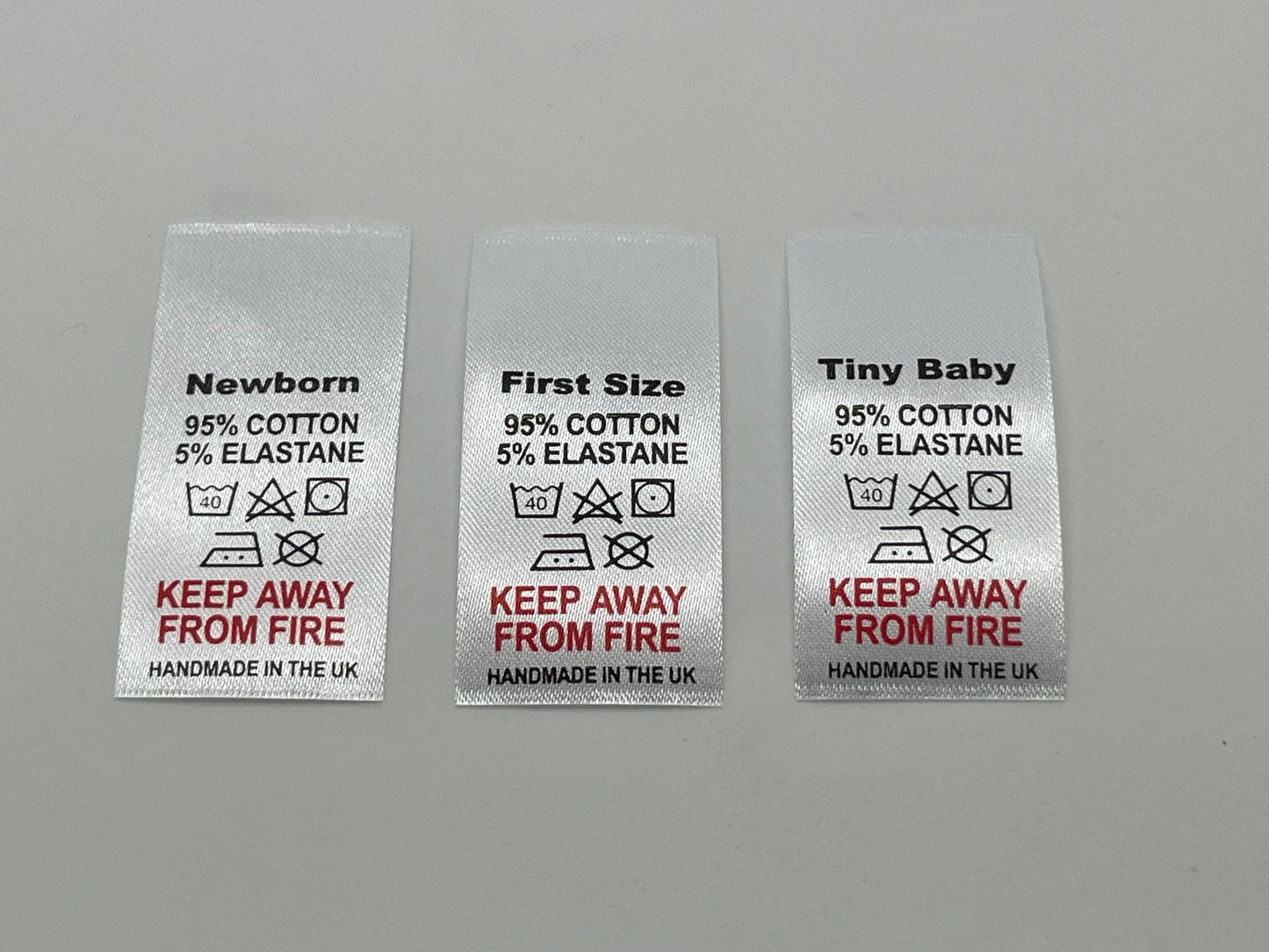 95% Cotton 5% Elastane wash care labels with sizes