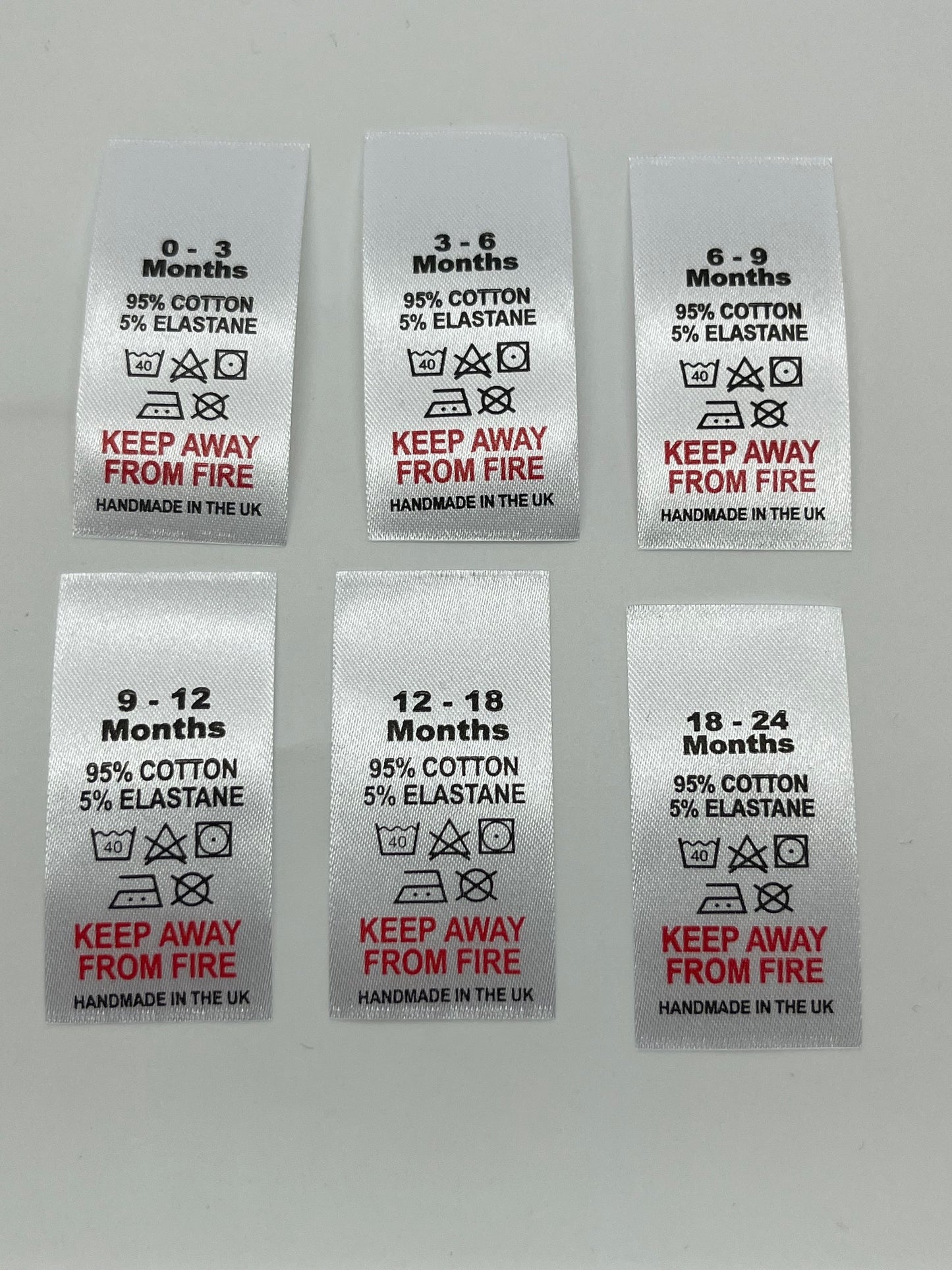 95% Cotton 5% Elastane wash care labels with sizes
