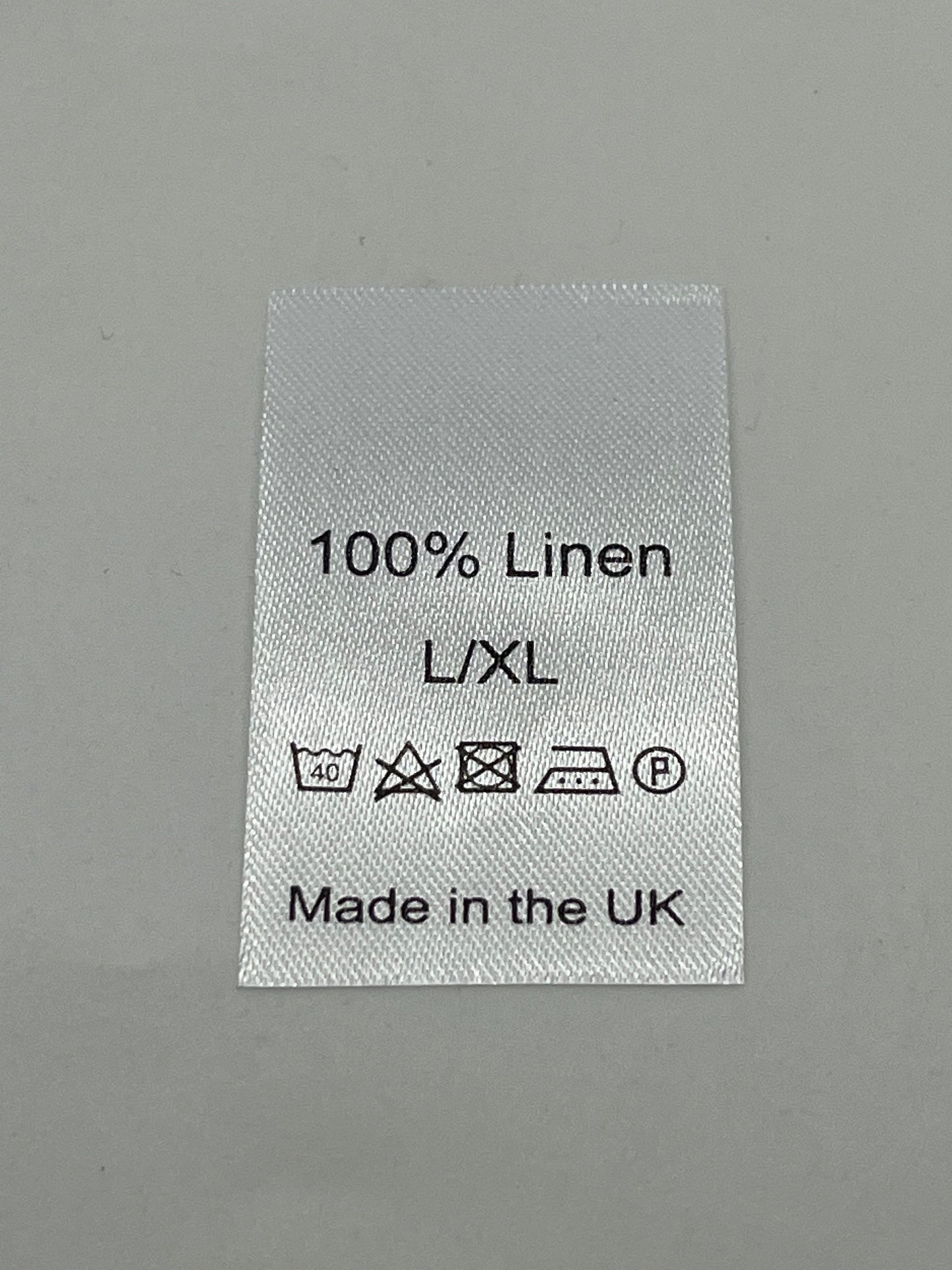 100% Linen Wash Care labels with sizes
