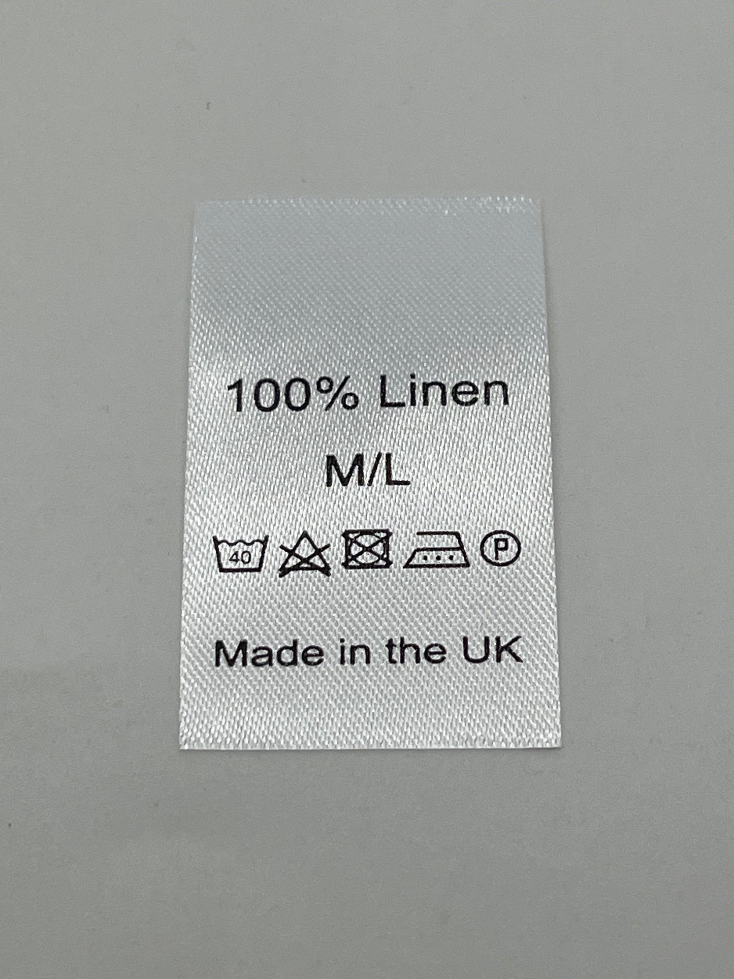 100% Linen Wash Care labels with sizes