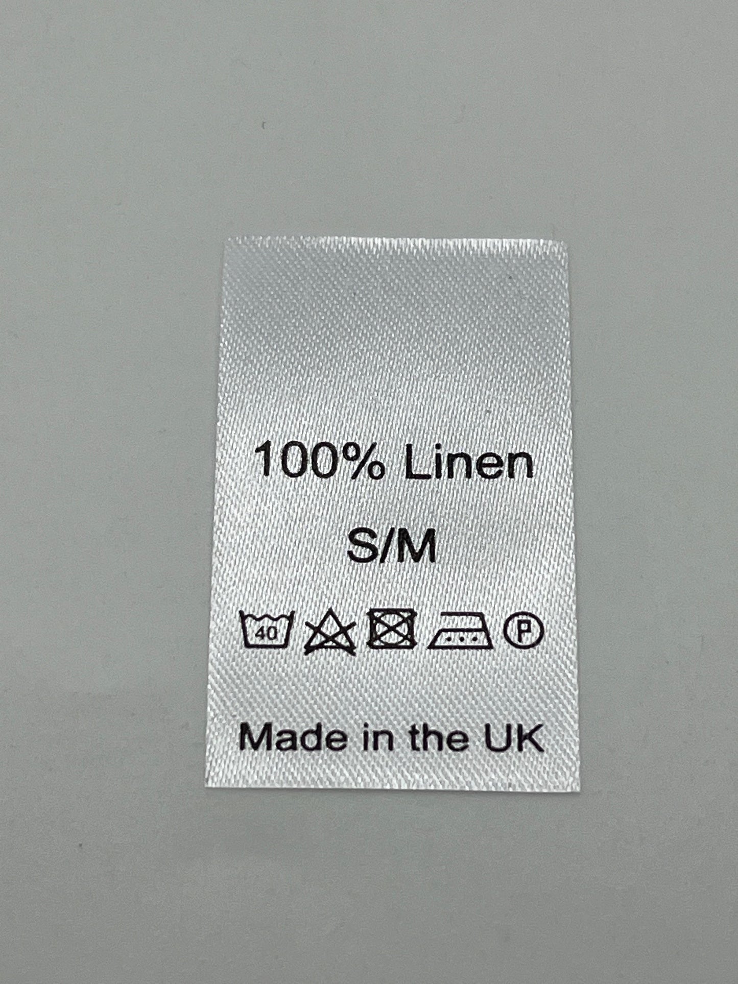 100% Linen Wash Care labels with sizes