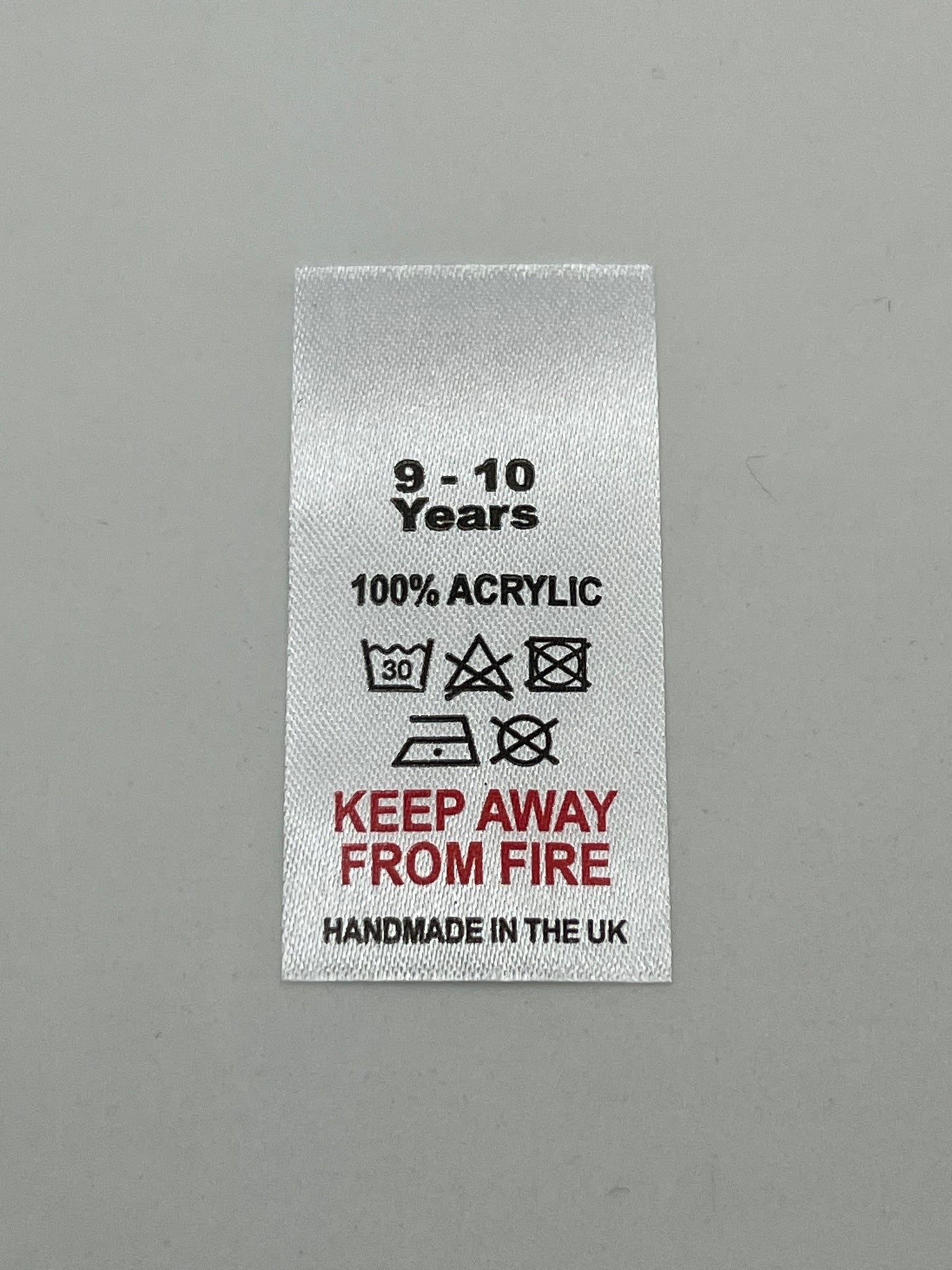 100% Acrylic Wash Care labels with sizes