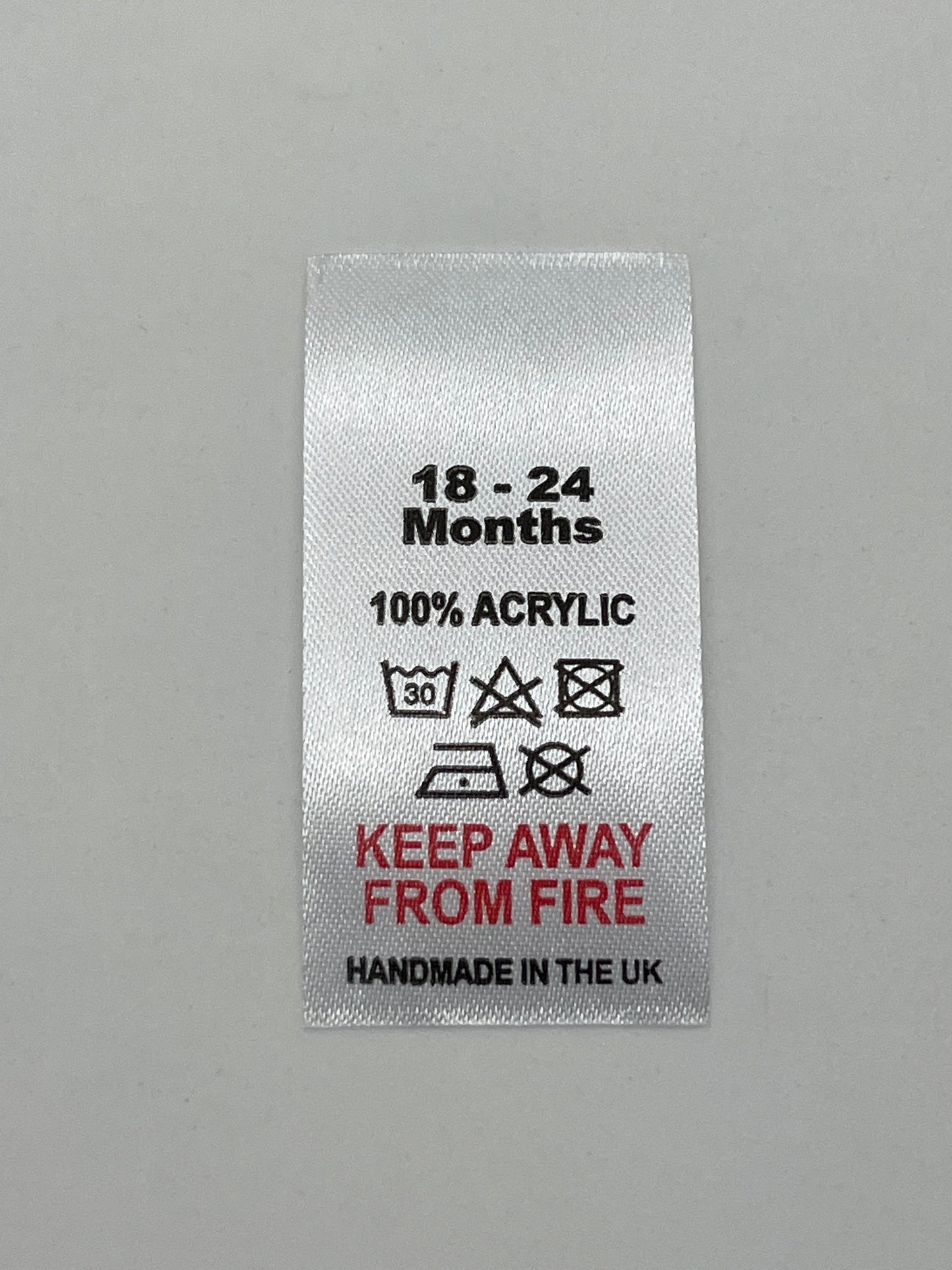 100% Acrylic Wash Care labels with sizes