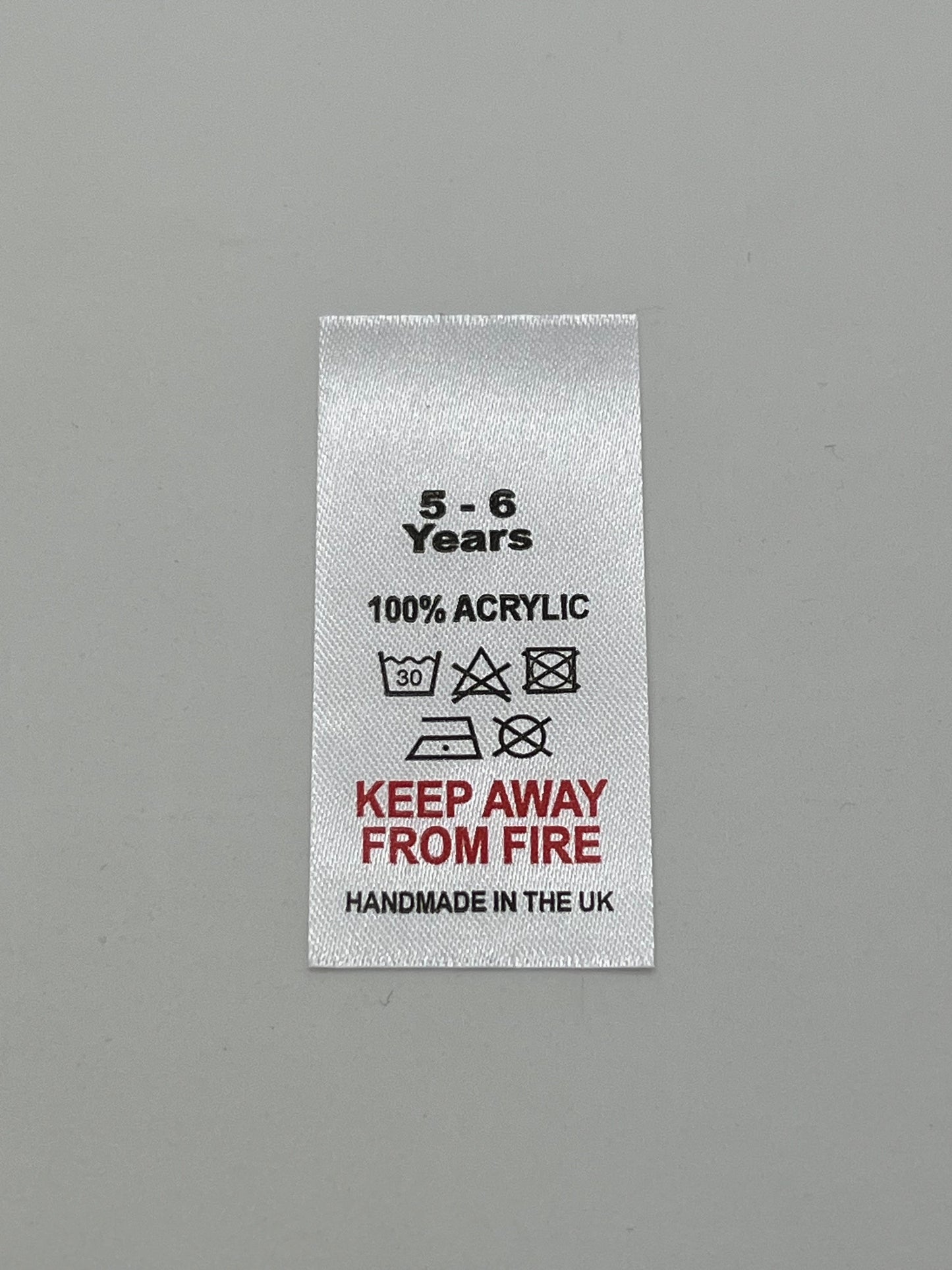 100% Acrylic Wash Care labels with sizes