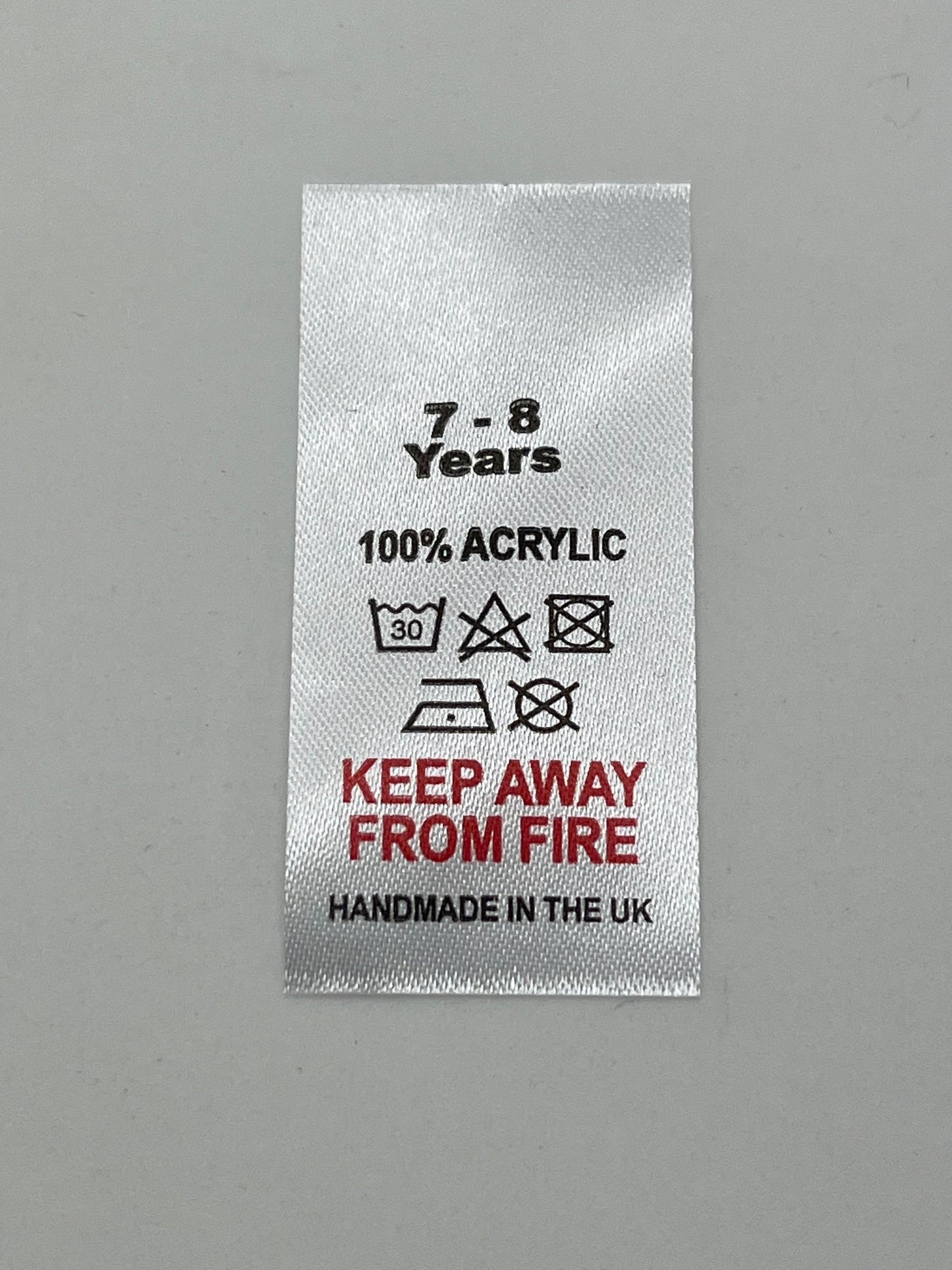 100% Acrylic Wash Care labels with sizes