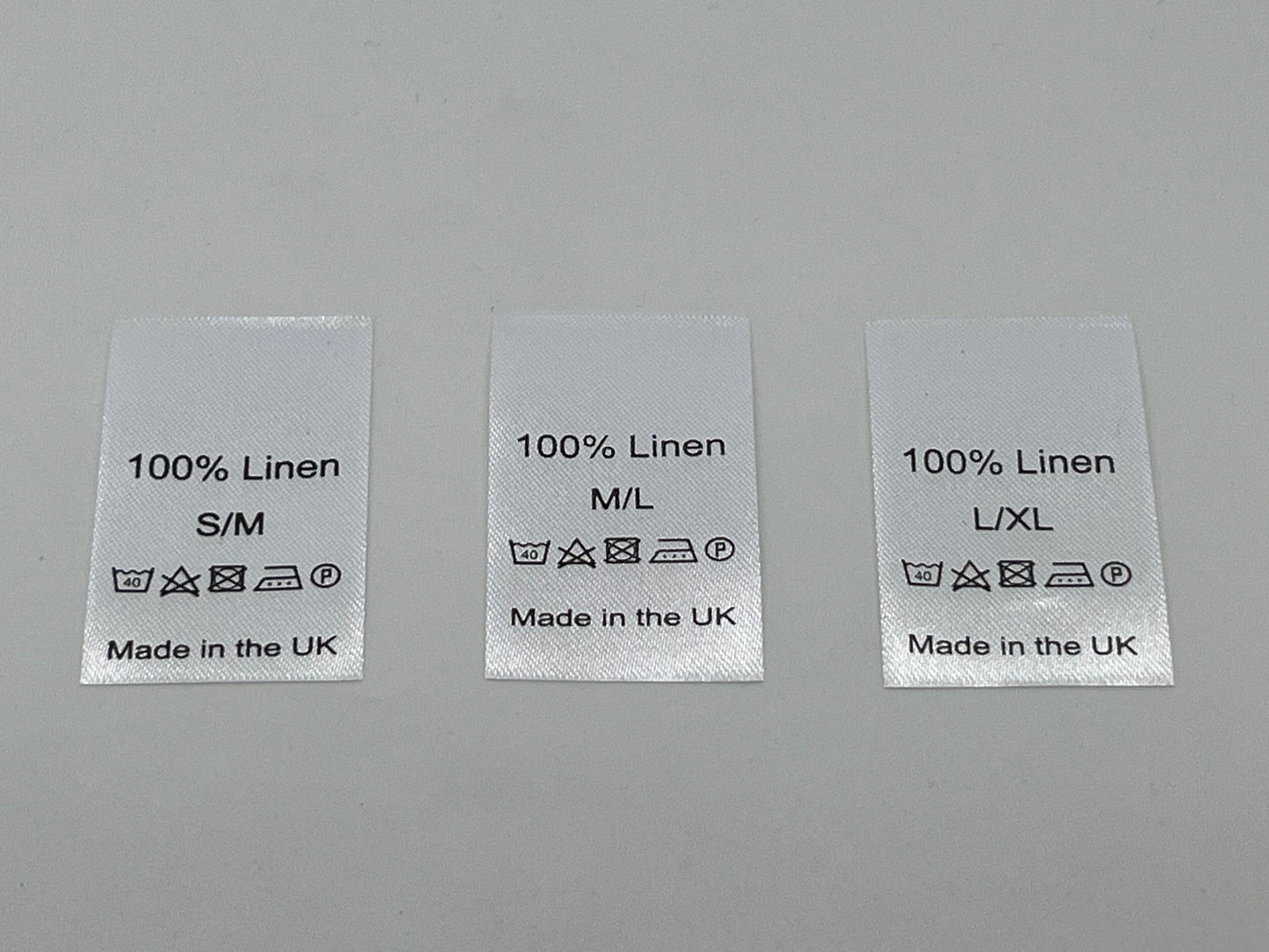 100% Linen Wash Care labels with sizes