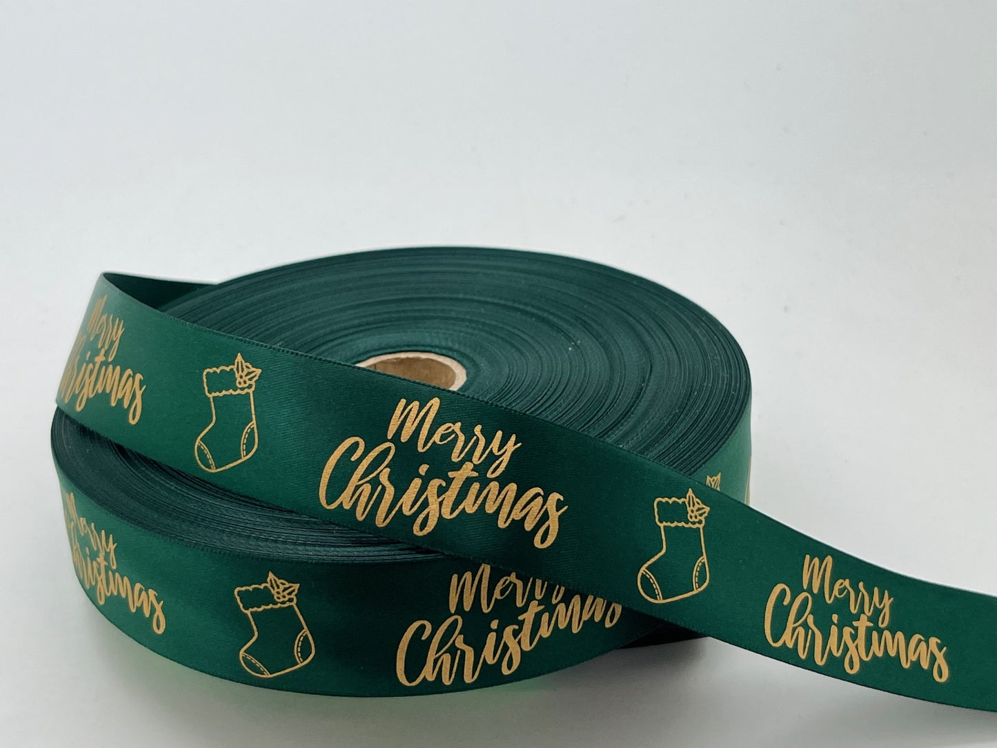 Decorative "Merry Christmas" Ribbon Green & Gold