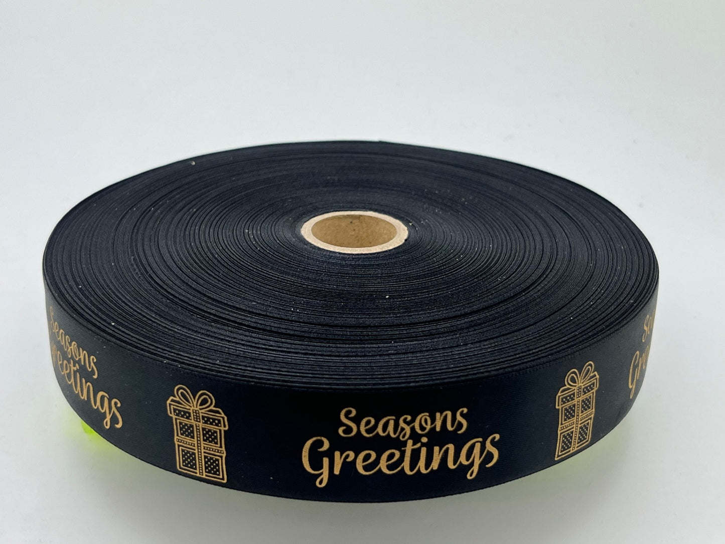 Decorative Christmas "Seasons Greetings" Ribbon, Black & Gold