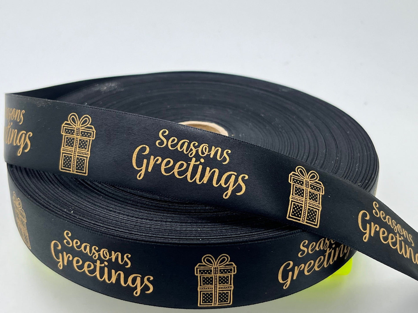 Decorative Christmas "Seasons Greetings" Ribbon, Black & Gold