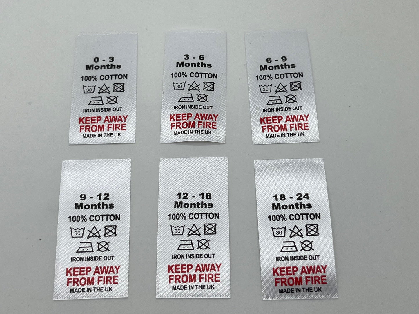 100% Cotton Wash Care labels with sizes