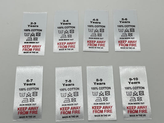 100% Cotton Wash Care labels with sizes