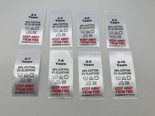 95% Cotton 5% Elastane wash care labels with sizes