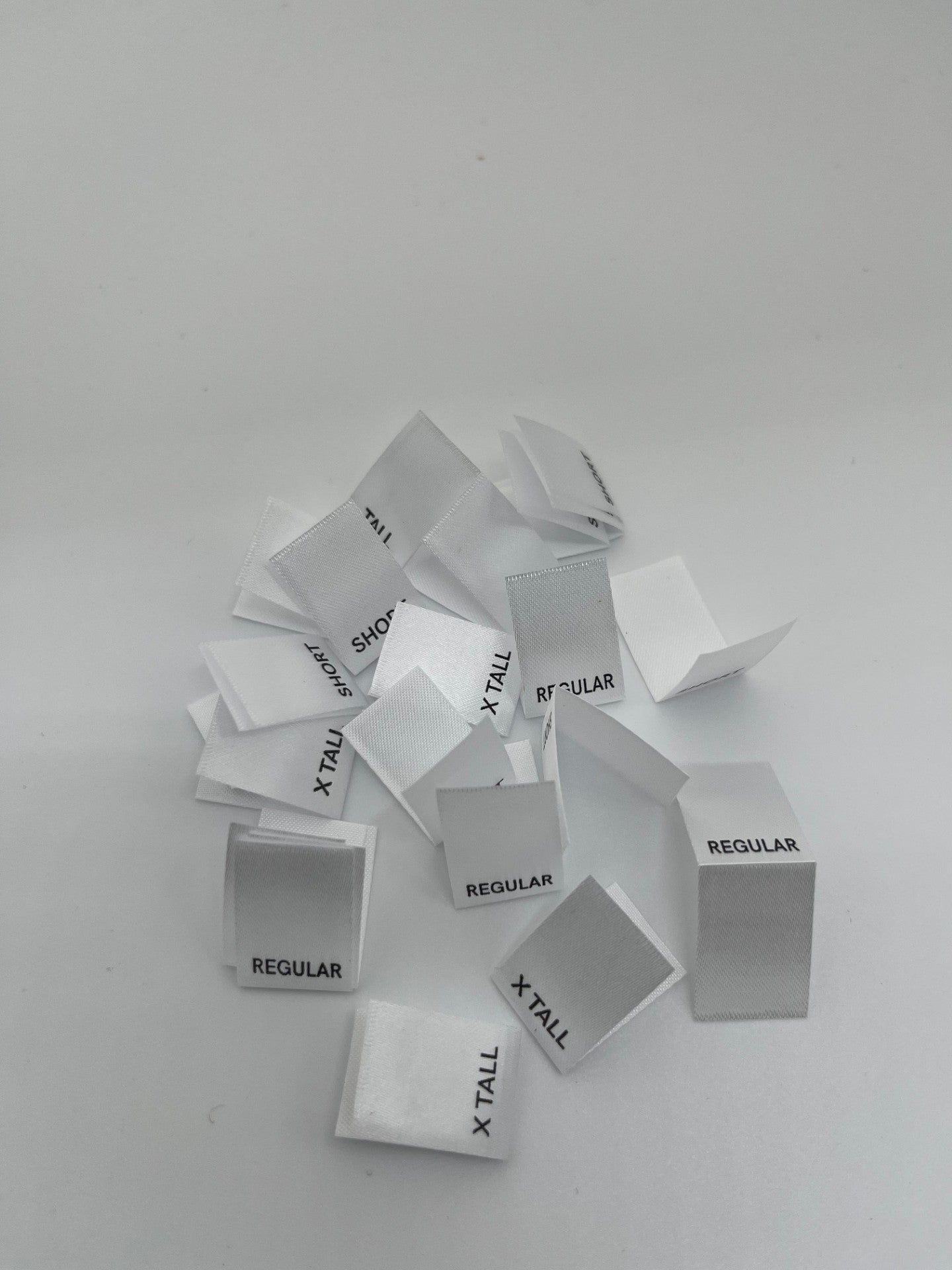 Printed satin clothing Size tabs, Garment labels,