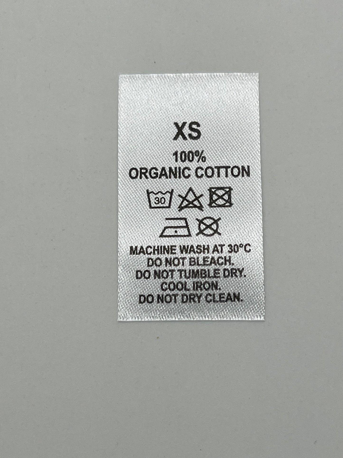 100% Organic Cotton Wash Care labels with sizes