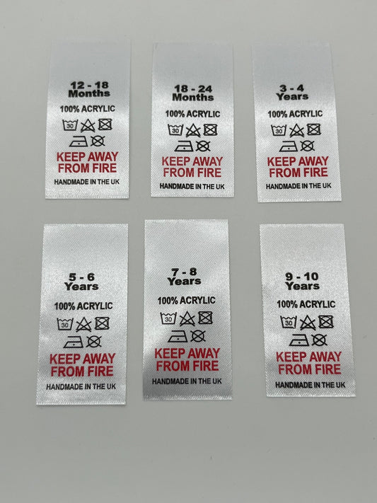 100% Acrylic Wash Care labels with sizes
