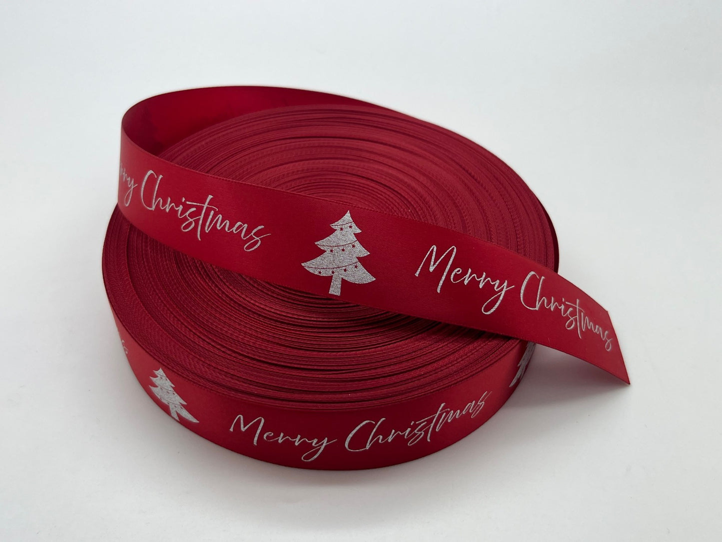 Decorative "Merry Christmas" Ribbon Red & Silver
