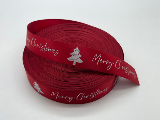 Decorative "Merry Christmas" Ribbon Red & Silver