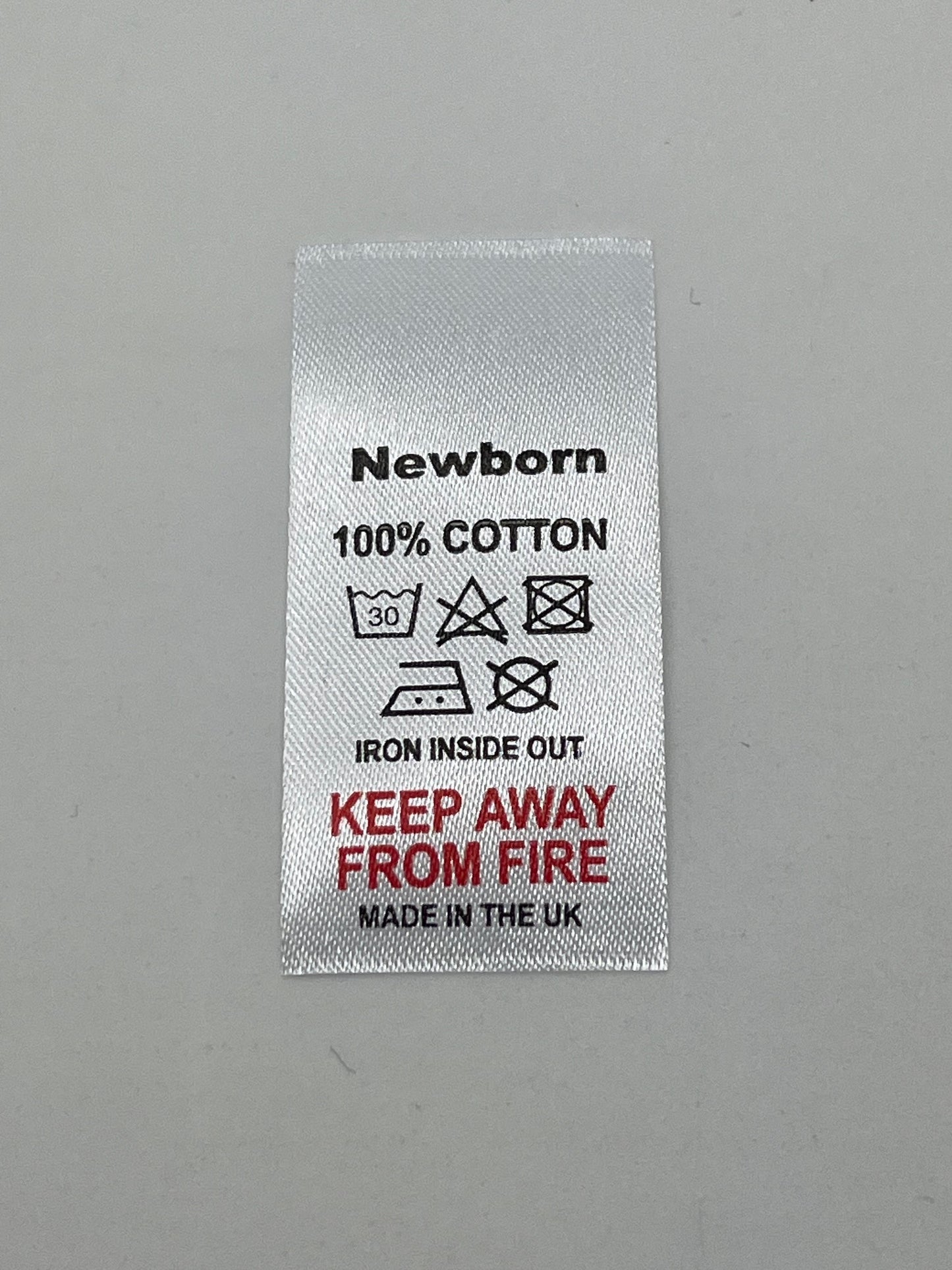 100% Cotton Wash Care labels with sizes