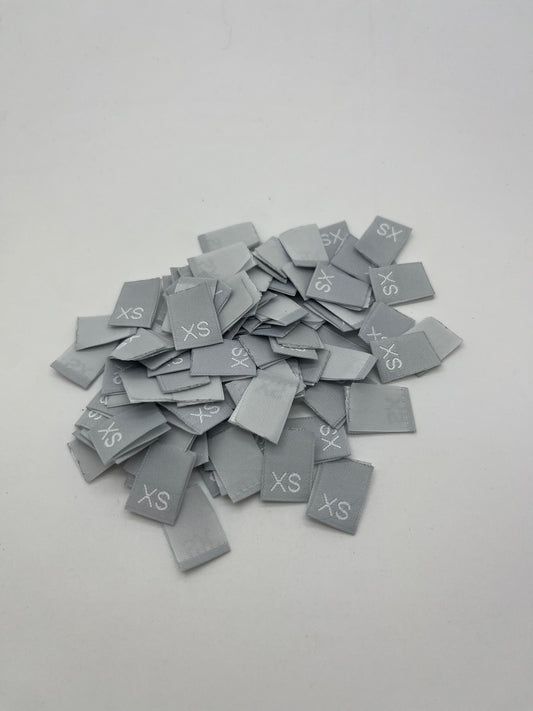woven clothing labels. Size labels – Grey  size tabs with White Size Text