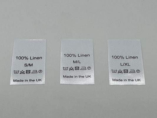 100% Linen Wash Care labels with sizes