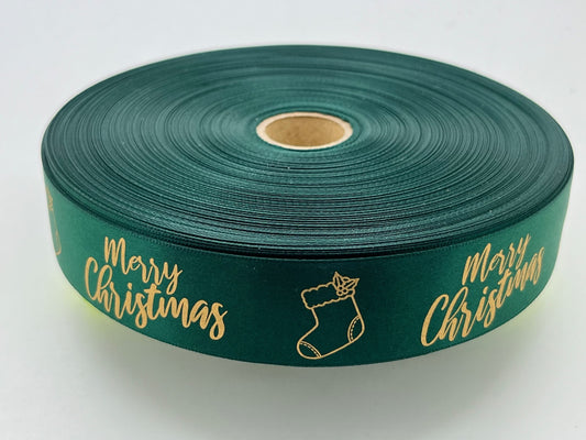 Decorative "Merry Christmas" Ribbon Green & Gold