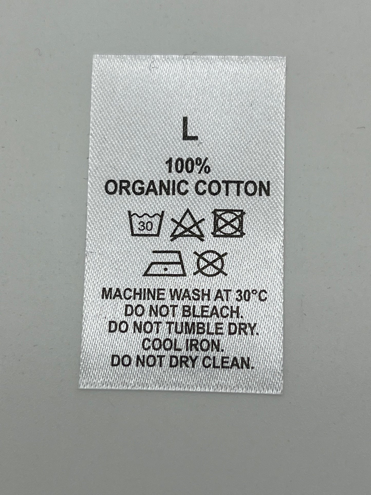 100% Organic Cotton Wash Care labels with sizes