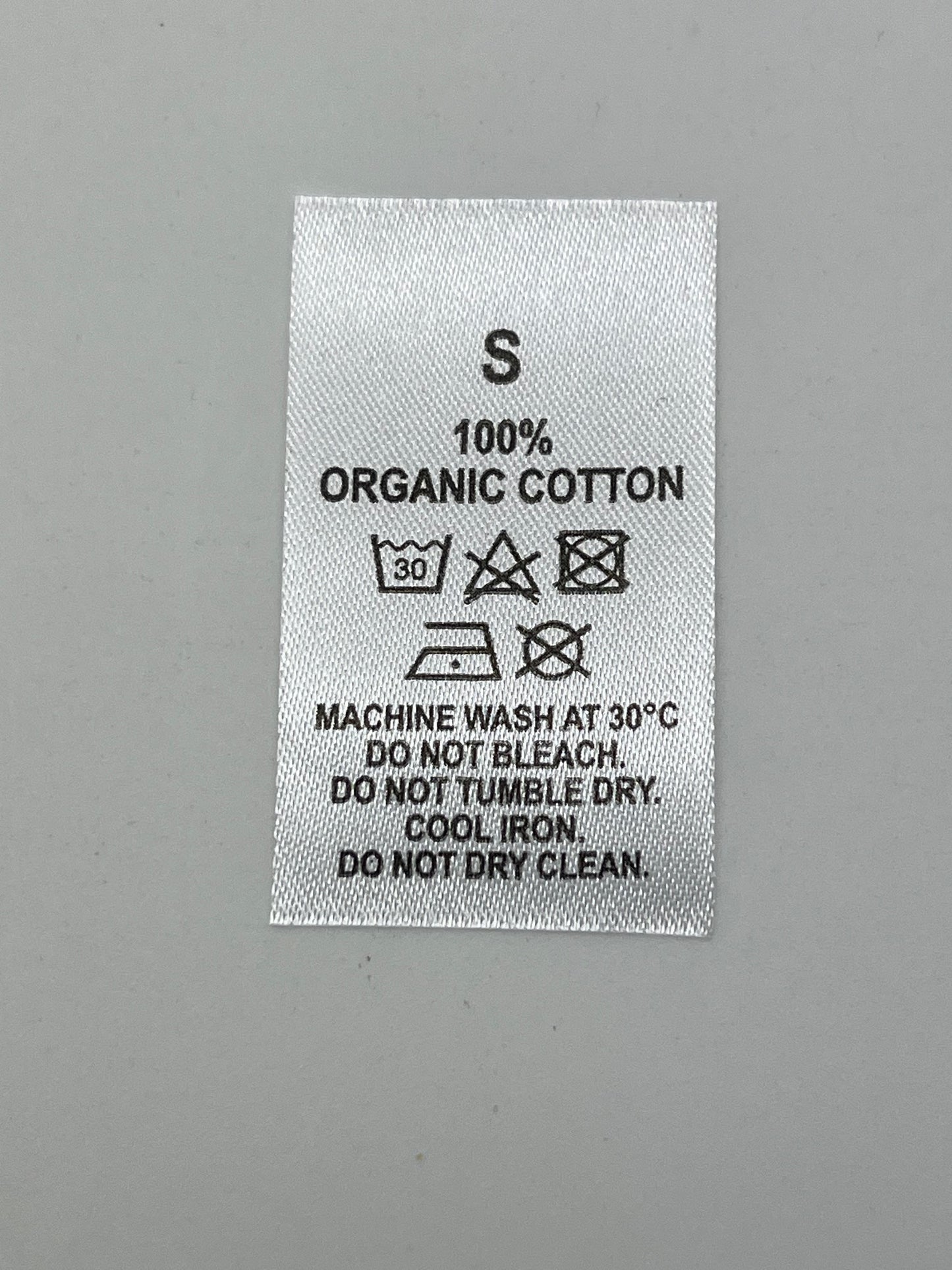 100% Organic Cotton Wash Care labels with sizes
