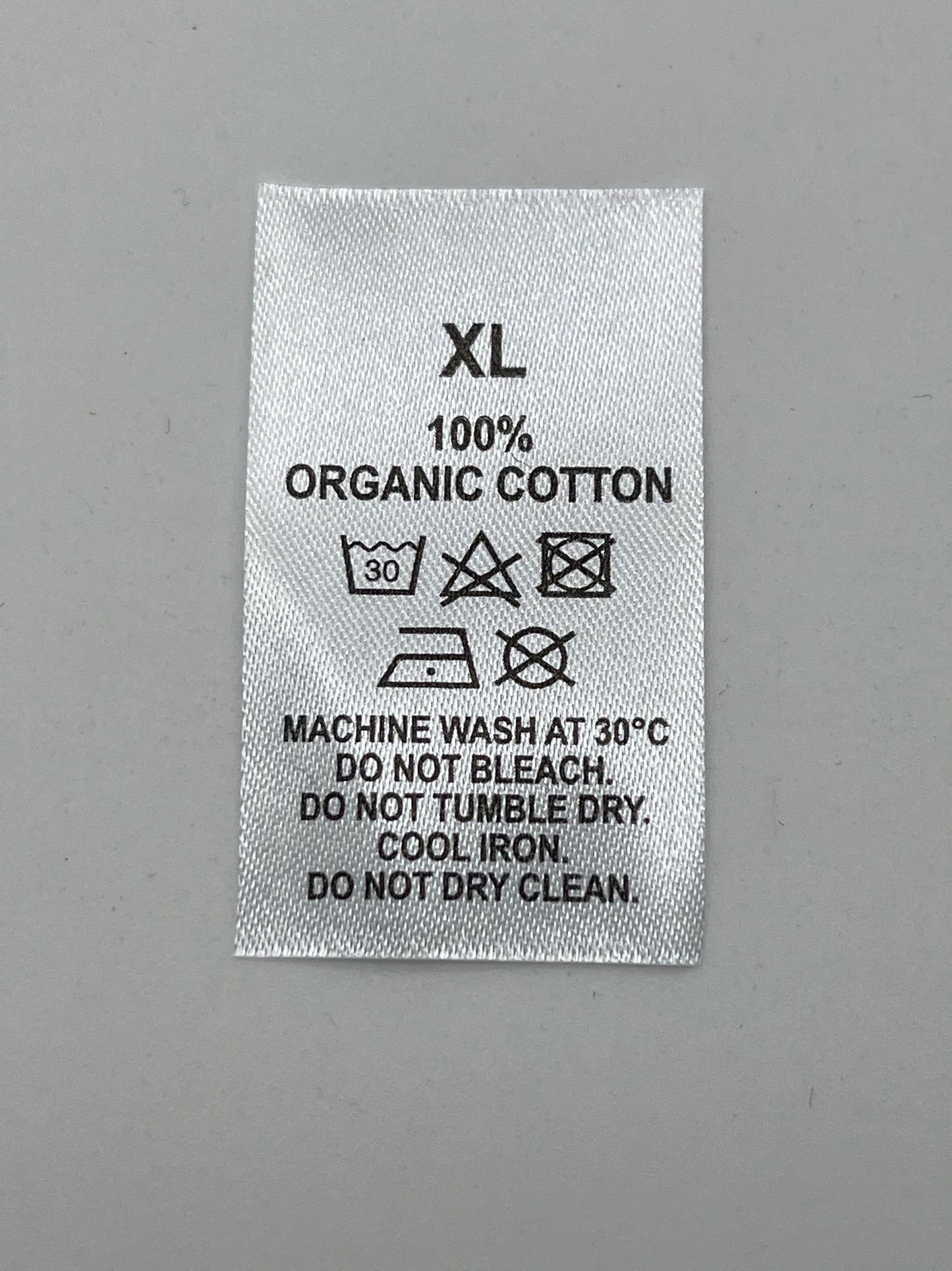 100% Organic Cotton Wash Care labels with sizes