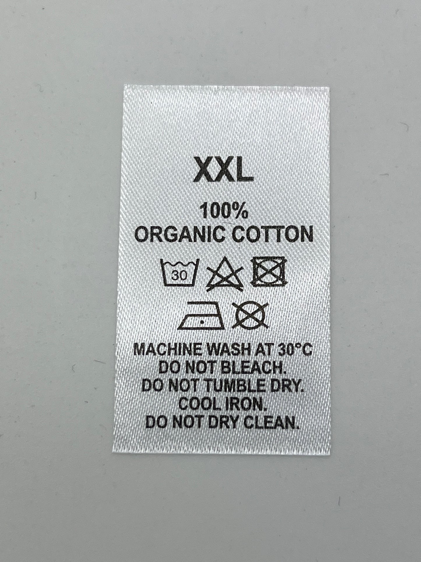 100% Organic Cotton Wash Care labels with sizes
