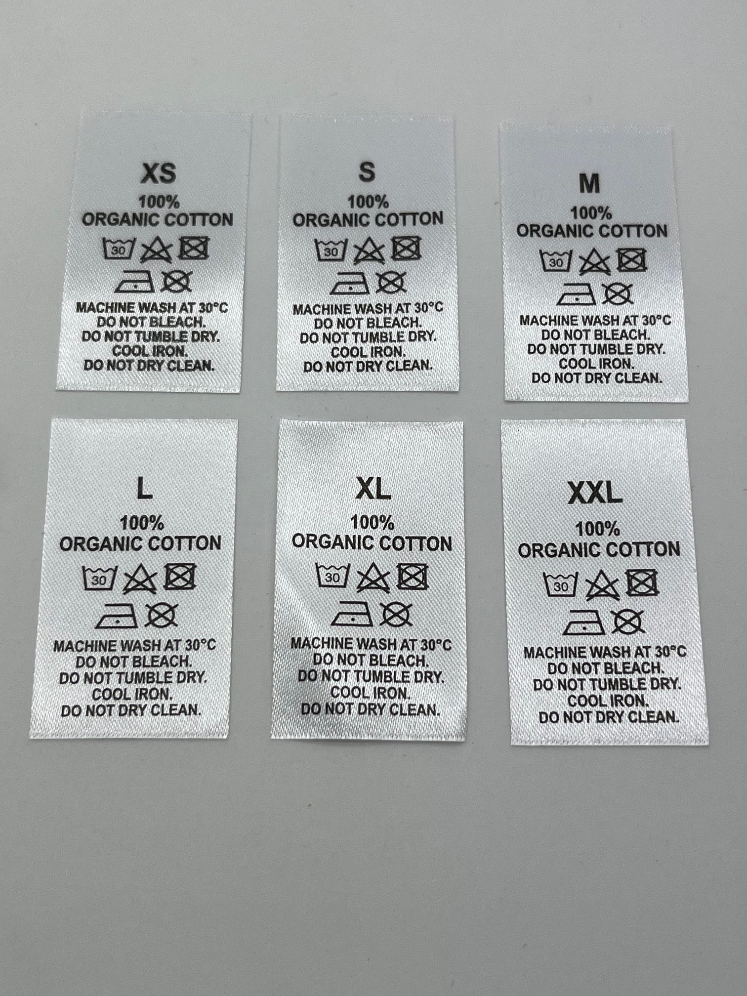 Cap Wash Label 100% Organic Cotton Wash Care labels with sizes (REF A44) – Trim Warehouse
