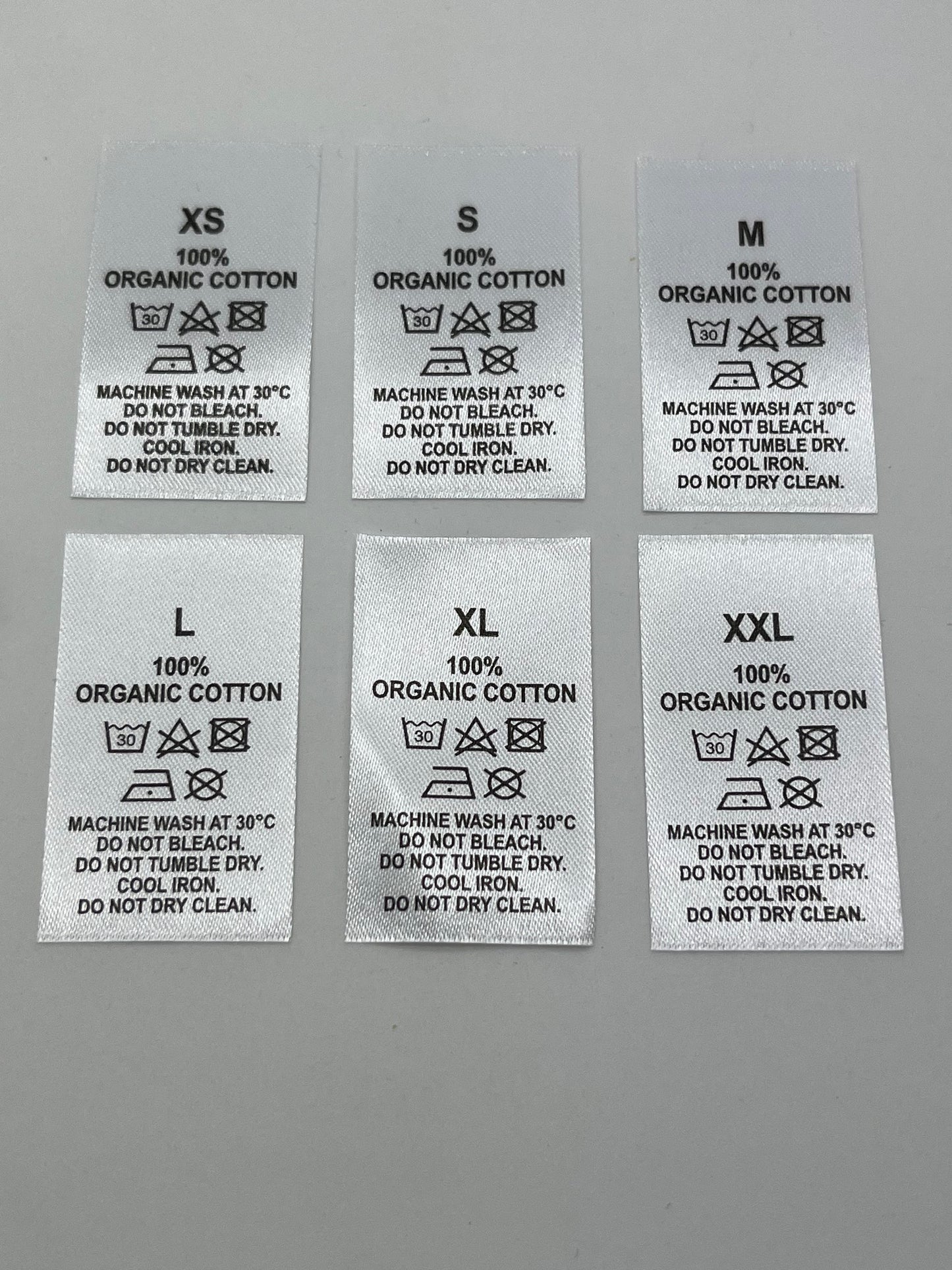100% Organic Cotton Wash Care labels with sizes