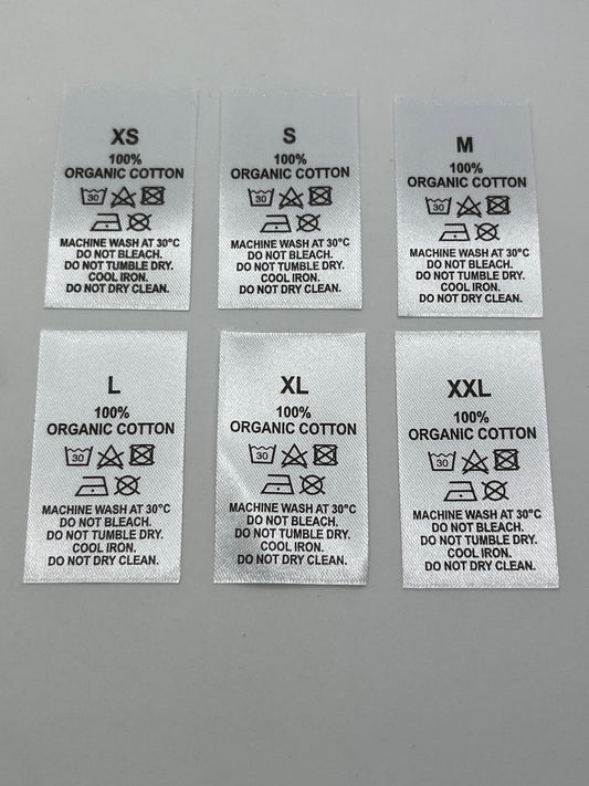 100% Organic Cotton Wash Care labels with sizes