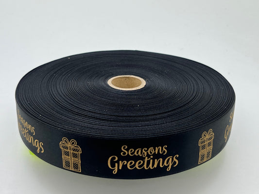 Decorative Christmas "Seasons Greetings" Ribbon, Black & Gold